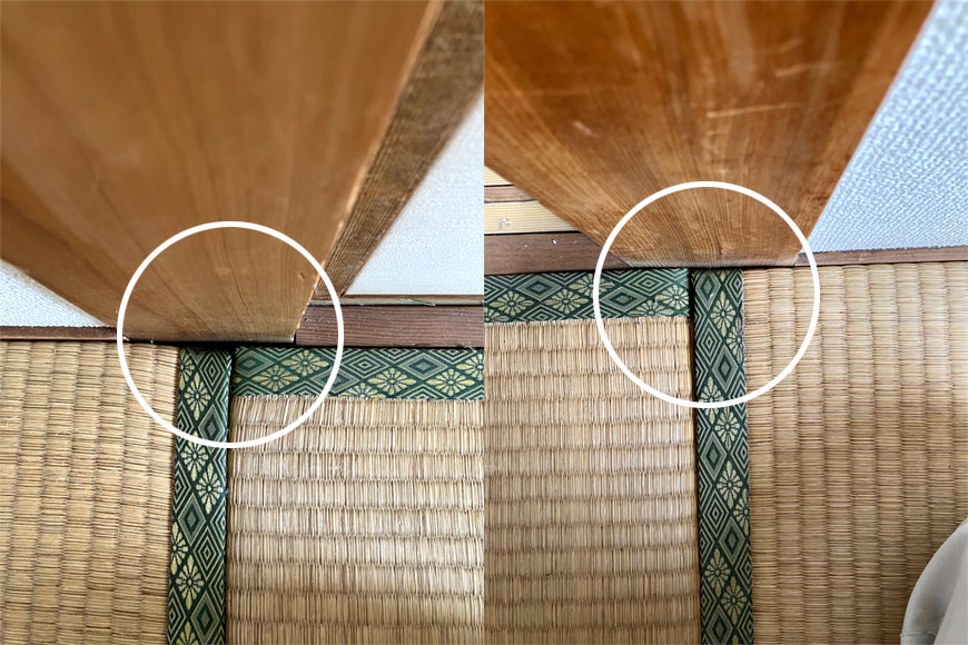 畳の表替え 畳の角が落ちて隙間が空いている